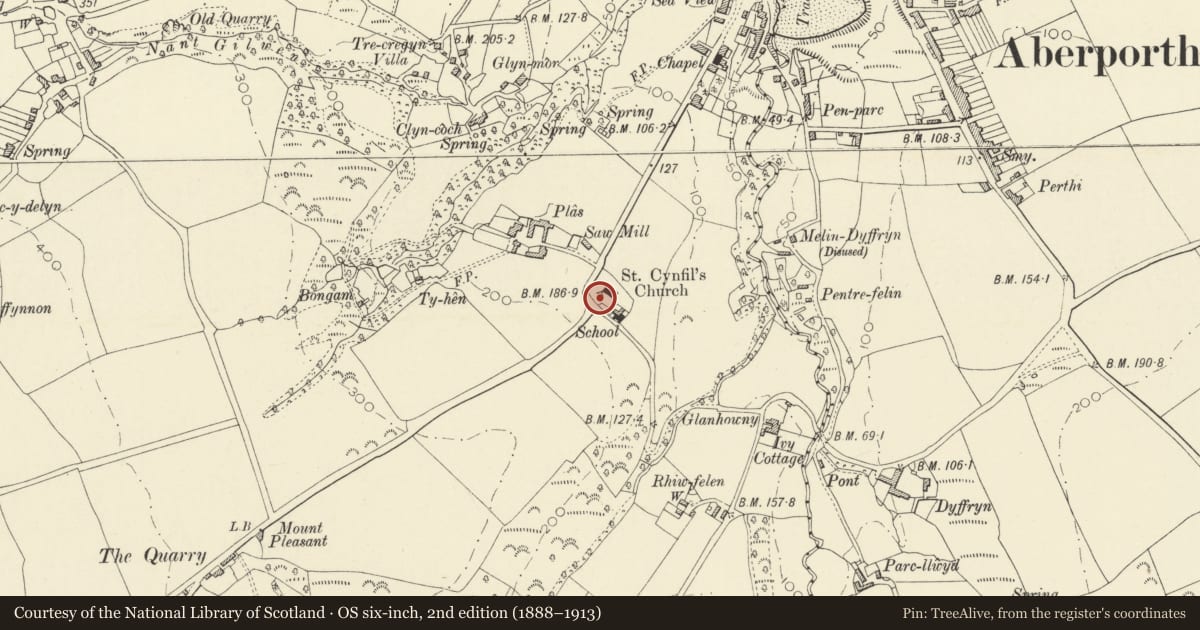 Ordnance Survey six-inch map, 2nd edition (1888–1913) covering the location of Three Monuments at SW Corner of Churchyard of Church of St Cynwyl, Aberporth, Ceredigion, with a pin at the register's coordinates