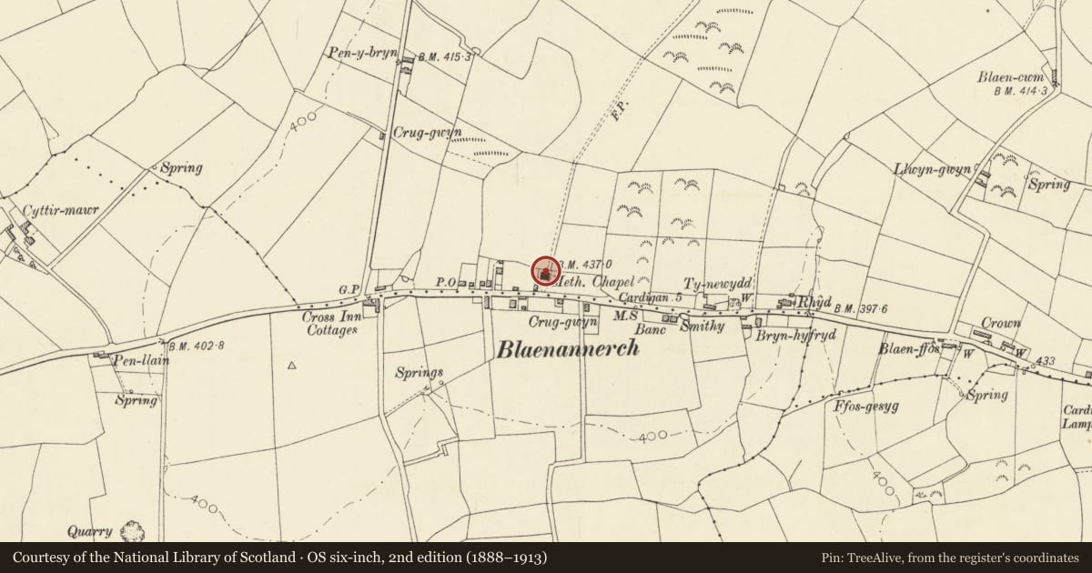 Ordnance Survey six-inch map, 2nd edition (1888–1913) covering the location of Blaenannerch Calvinistic Methodist Chapel and Vestry, Aberporth, Ceredigion, with a pin at the register's coordinates