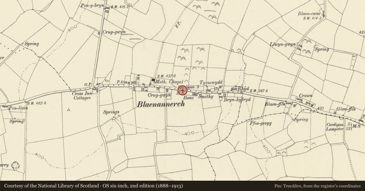 Ordnance Survey six-inch map, 2nd edition (1888–1913) covering the location of Milestone on A487 at Blaenannerch, Aberporth, Ceredigion, with a pin at the register's coordinates
