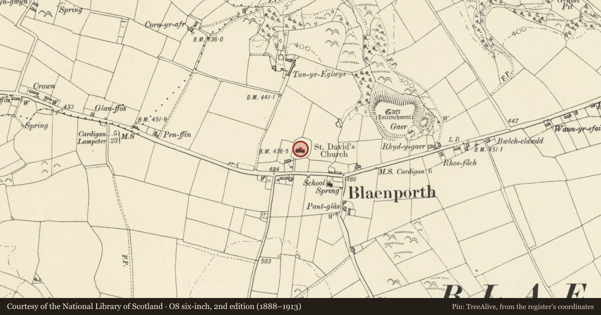 Ordnance Survey six-inch map, 2nd edition (1888–1913) covering the location of Church of St David, Aberporth, Ceredigion, with a pin at the register's coordinates