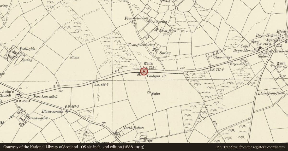 Ordnance Survey six-inch map, 2nd edition (1888–1913) covering the location of Milestone to W of Village, Penbryn, Ceredigion, with a pin at the register's coordinates