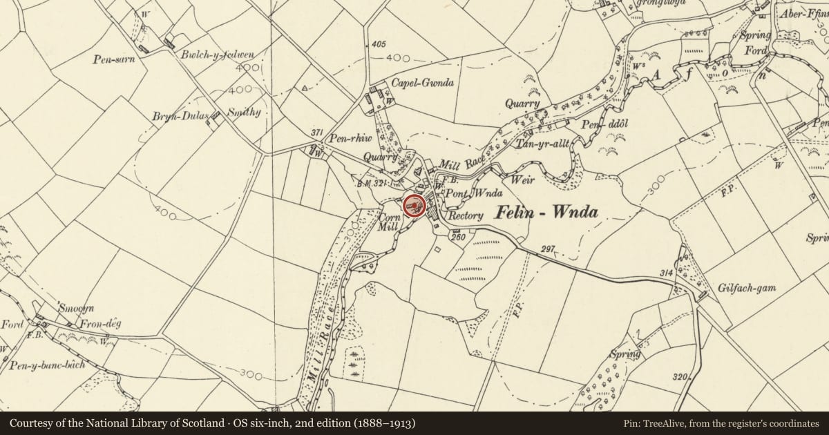 Ordnance Survey six-inch map, 2nd edition (1888–1913) covering the location of Felin Wnda, Felin Wnda, Penbryn, Ceredigion, with a pin at the register's coordinates