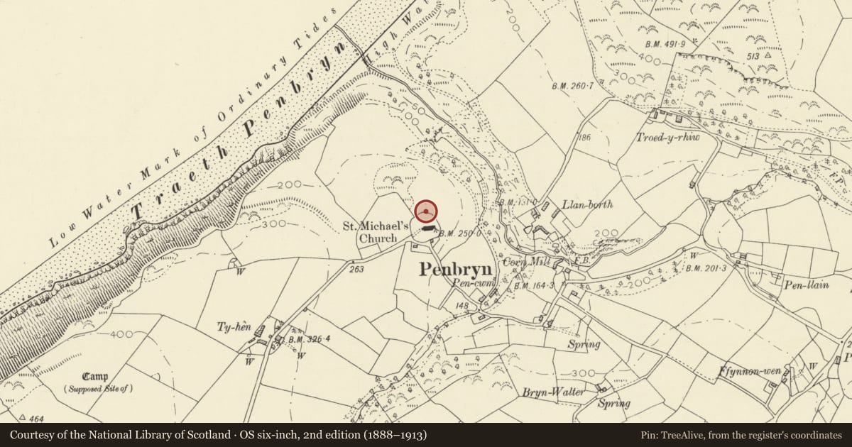 Ordnance Survey six-inch map, 2nd edition (1888–1913) covering the location of Six Memorials in Churchyard of Church of St Michael, Penbryn, Ceredigion, with a pin at the register's coordinates