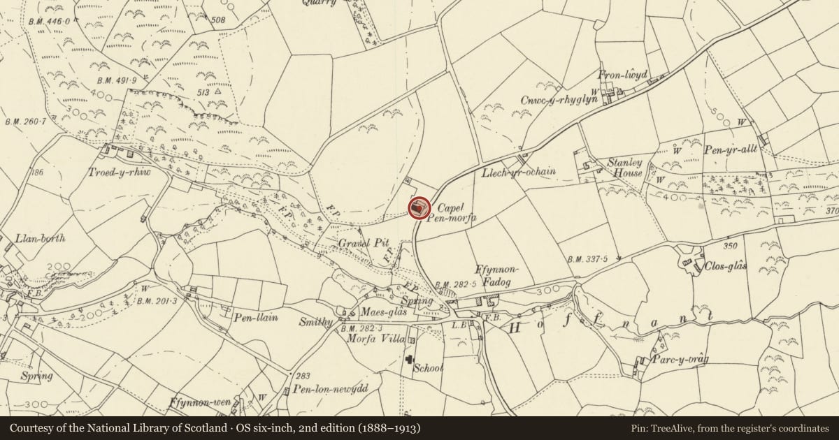 Ordnance Survey six-inch map, 2nd edition (1888–1913) covering the location of Penmorfa Calvinistic Methodist Chapel, Penbryn, Ceredigion, with a pin at the register's coordinates