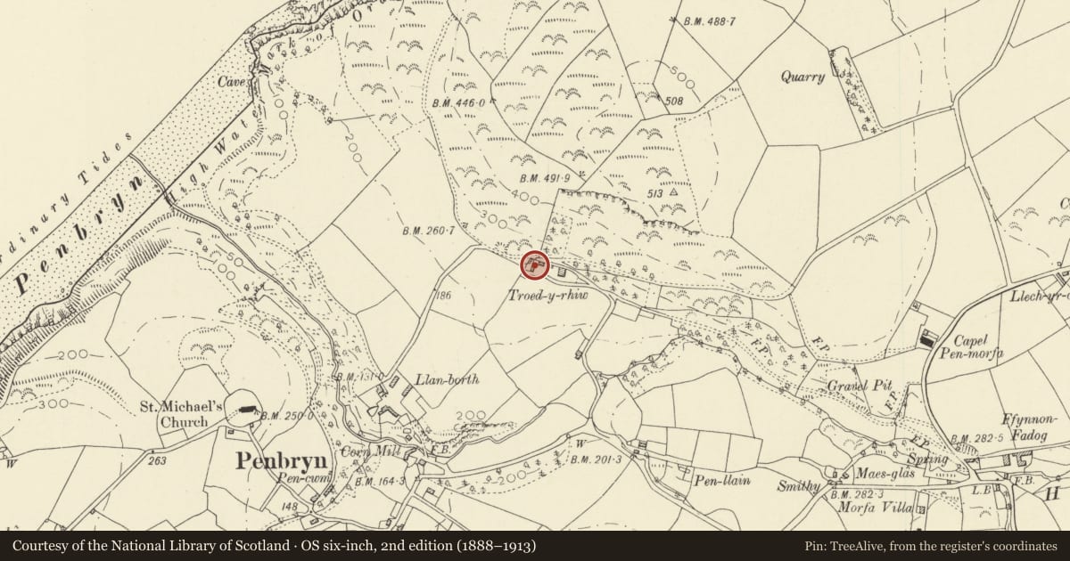 Ordnance Survey six-inch map, 2nd edition (1888–1913) covering the location of Outbuilding on W side of Farm Court at Troedyrhiw, Penbryn, Ceredigion, with a pin at the register's coordinates