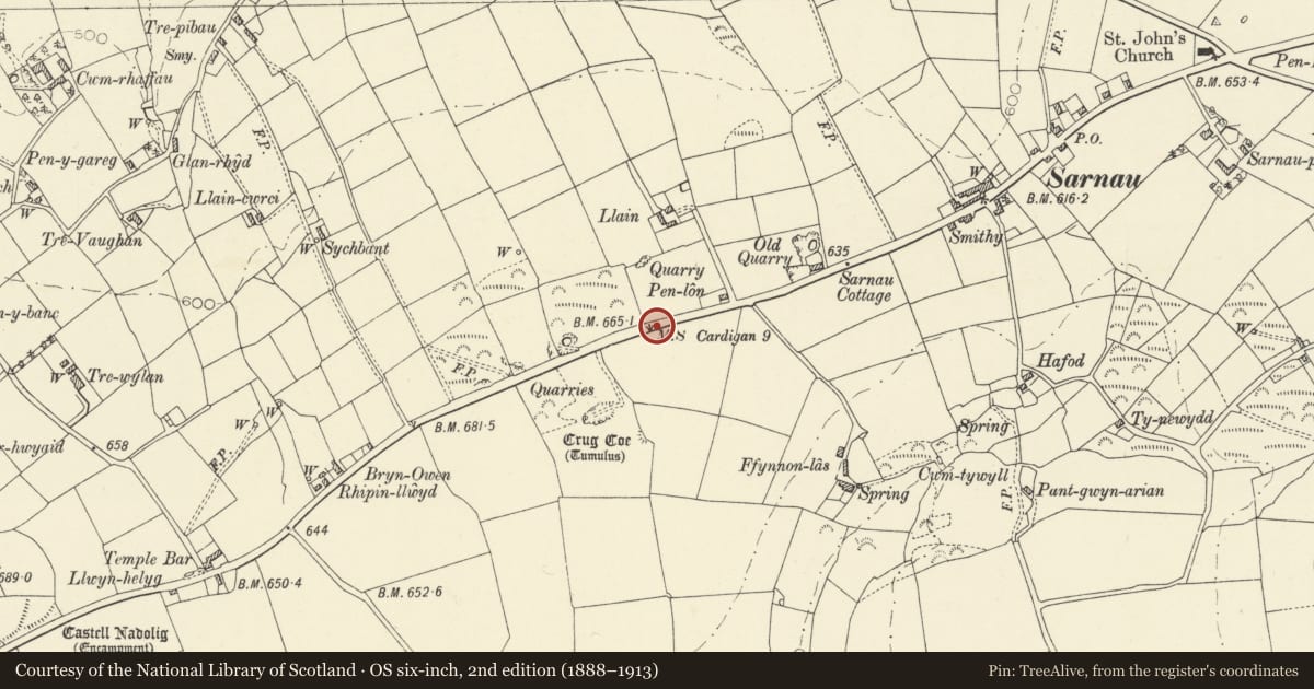 Ordnance Survey six-inch map, 2nd edition (1888–1913) covering the location of Milestone to W of Village, Penbryn, Ceredigion, with a pin at the register's coordinates