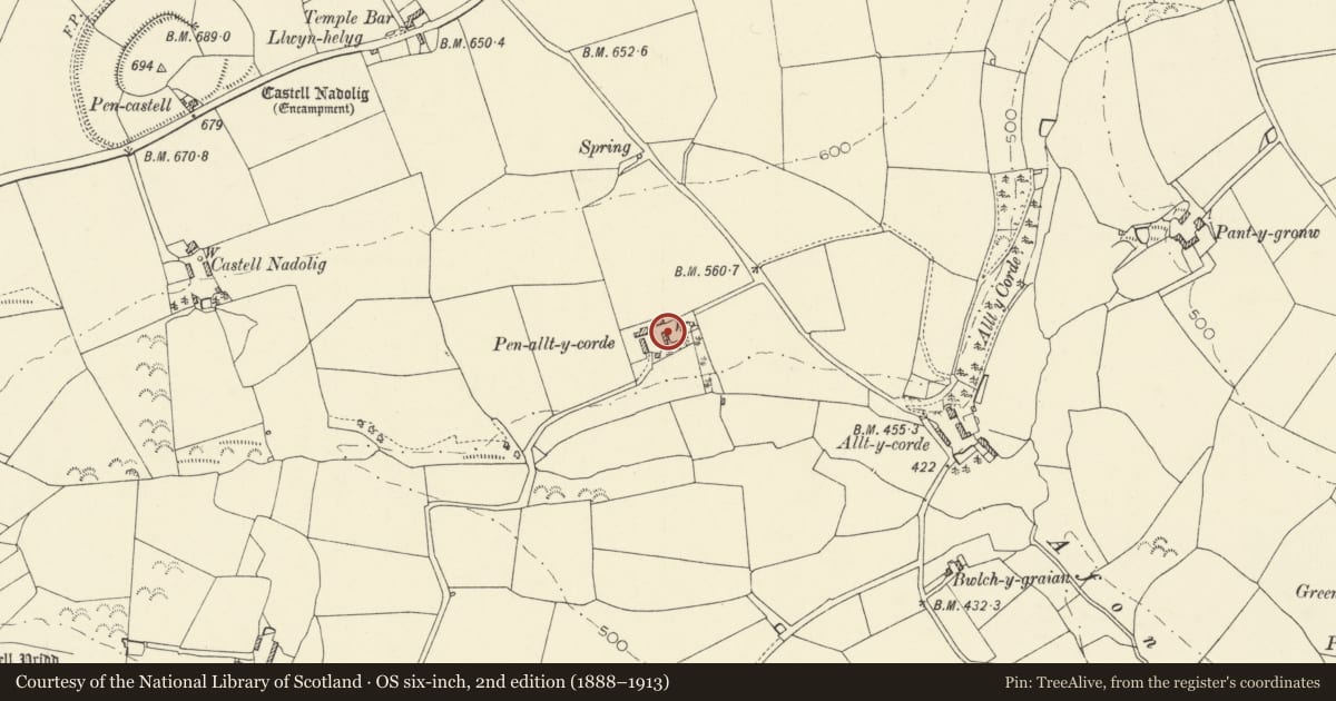 Ordnance Survey six-inch map, 2nd edition (1888–1913) covering the location of Cottage to SE of Penralltycordde, Penbryn, Ceredigion, with a pin at the register's coordinates
