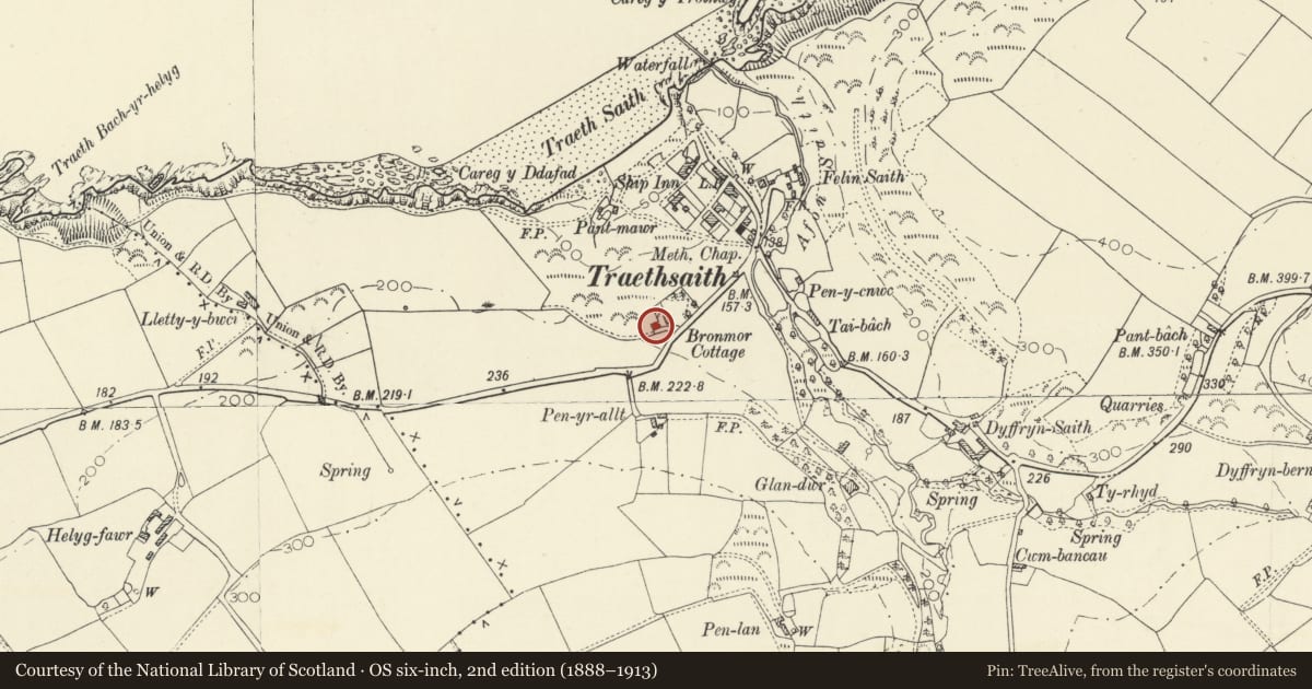 Ordnance Survey six-inch map, 2nd edition (1888–1913) covering the location of Bronmor, Penbryn, Ceredigion, with a pin at the register's coordinates