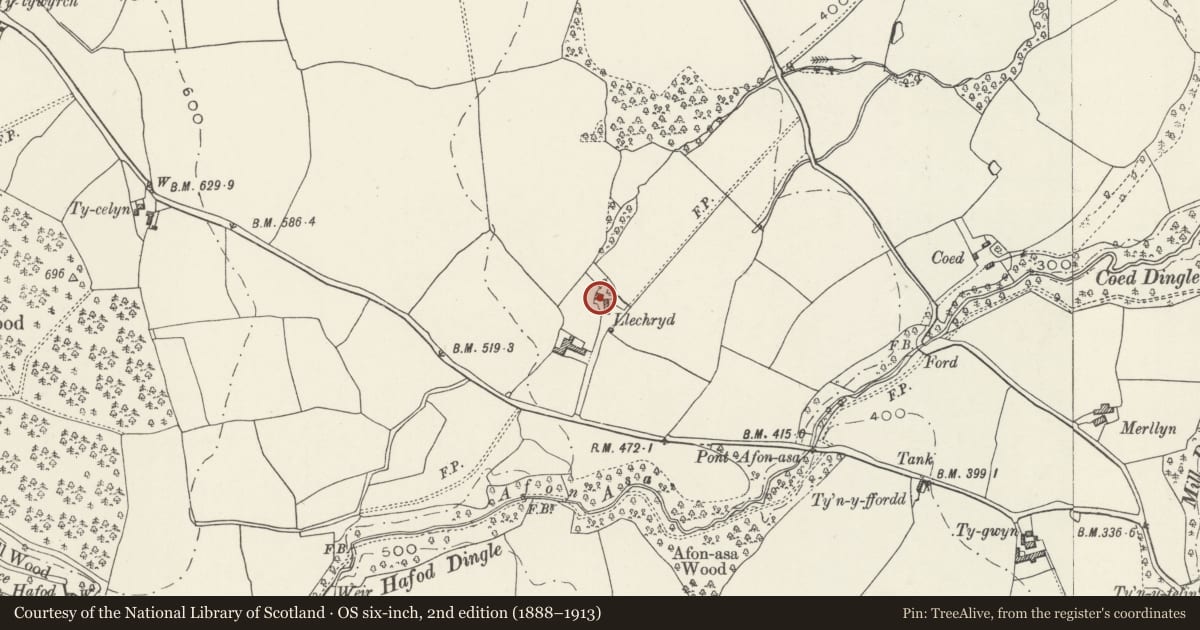 Ordnance Survey six-inch map, 2nd edition (1888–1913) covering the location of Llechryd, Llannefydd, Conwy, with a pin at the register's coordinates