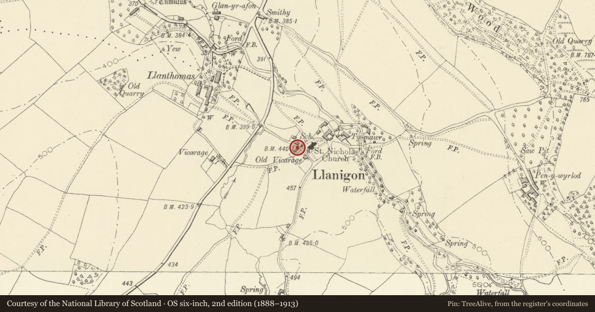 Ordnance Survey six-inch map, 2nd edition (1888–1913) covering the location of The Old Post Office, Llanigon, Powys, with a pin at the register's coordinates