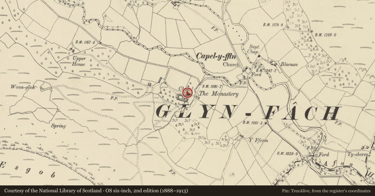 Ordnance Survey six-inch map, 2nd edition (1888–1913) covering the location of The Monastery Church, Capel-y-Ffin, Llanigon, Powys, with a pin at the register's coordinates