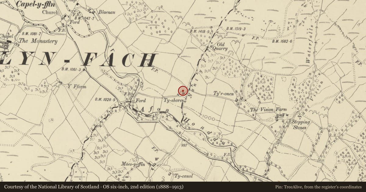 Ordnance Survey six-inch map, 2nd edition (1888–1913) covering the location of Ty-Shores, Llanigon, Powys, with a pin at the register's coordinates