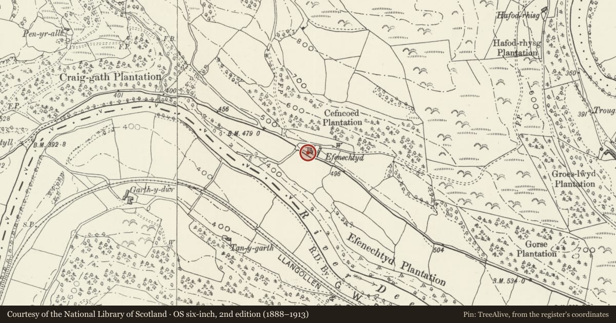 Ordnance Survey six-inch map, 2nd edition (1888–1913) covering the location of Efenechtyd Farmhouse, Corwen, Denbighshire, with a pin at the register's coordinates