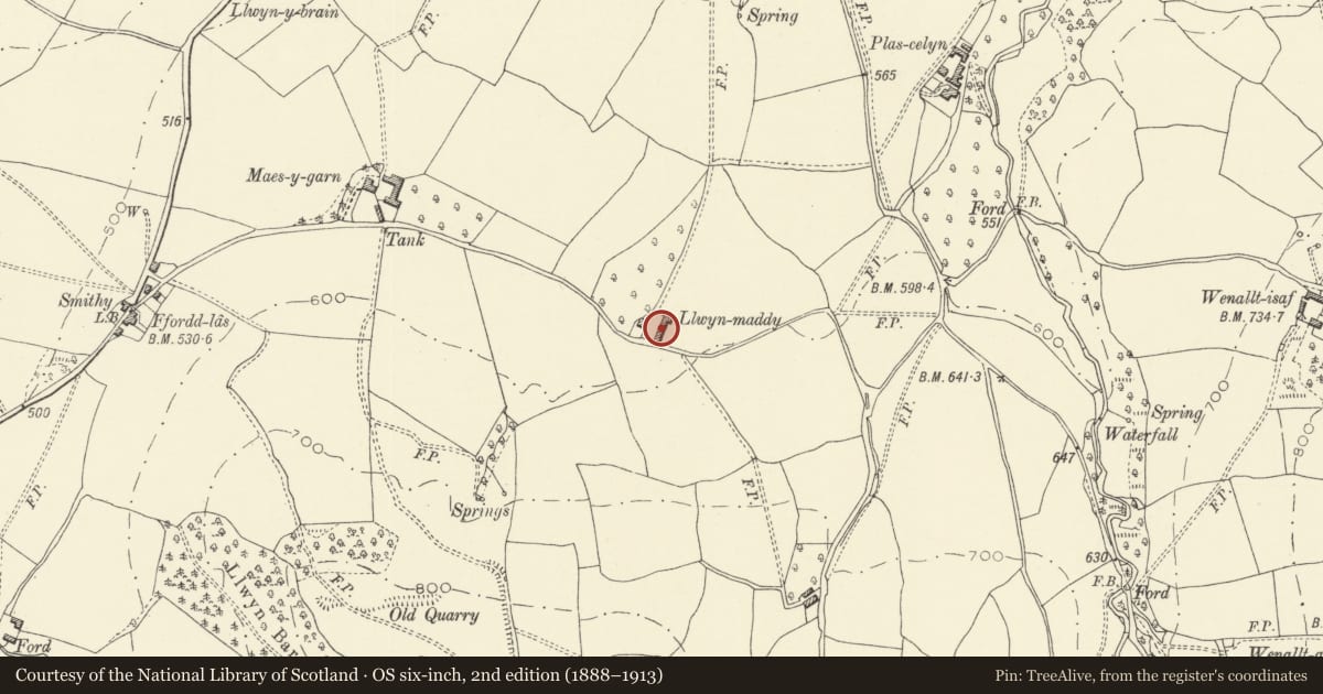 Ordnance Survey six-inch map, 2nd edition (1888–1913) covering the location of Barn at Llwynmaddy, Llanigon, Powys, with a pin at the register's coordinates
