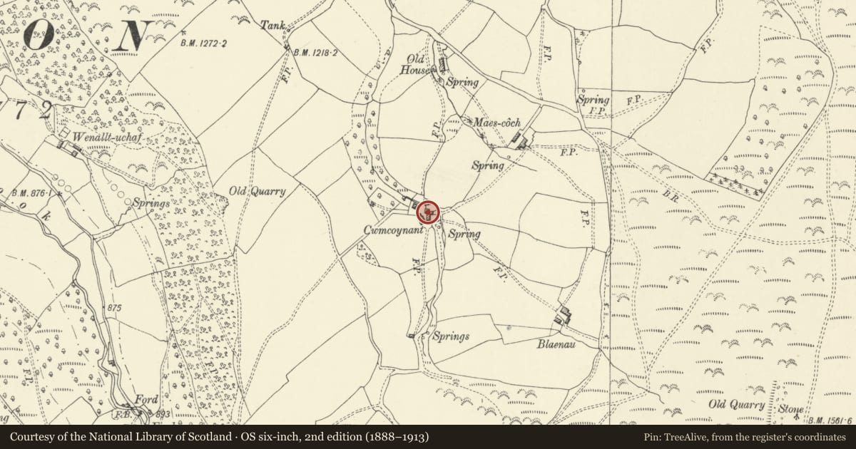 Ordnance Survey six-inch map, 2nd edition (1888–1913) covering the location of Barn at Cwmcoynant, Llanigon, Powys, with a pin at the register's coordinates