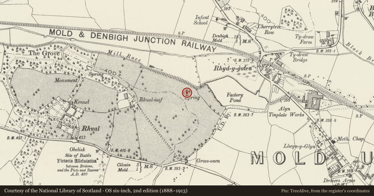 Ordnance Survey six-inch map, 2nd edition (1888–1913) covering the location of Baptismal Tank at Rhual, Gwernaffield with Pantmwyn, Flintshire, with a pin at the register's coordinates