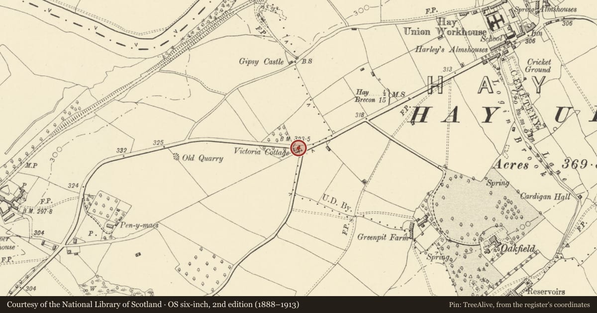 Ordnance Survey six-inch map, 2nd edition (1888–1913) covering the location of Victoria Cottage, Llanigon, Powys, with a pin at the register's coordinates