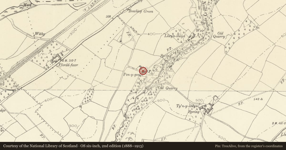 Ordnance Survey six-inch map, 2nd edition (1888–1913) covering the location of Penygenhill, Llanigon, Powys, with a pin at the register's coordinates