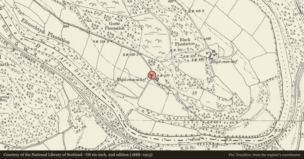 Ordnance Survey six-inch map, 2nd edition (1888–1913) covering the location of Rhydonnen Ucha Farmhouse, Corwen, Denbighshire, with a pin at the register's coordinates