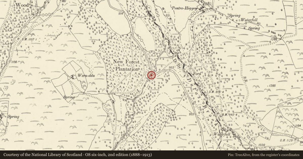 Ordnance Survey six-inch map, 2nd edition (1888–1913) covering the location of Lime Kiln, Llanigon, Powys, with a pin at the register's coordinates