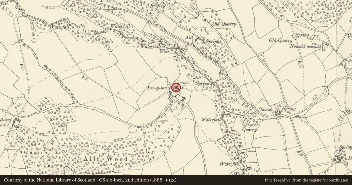 Ordnance Survey six-inch map, 2nd edition (1888–1913) covering the location of Pen-y-Lan Farmhouse, Llanigon, Powys, with a pin at the register's coordinates