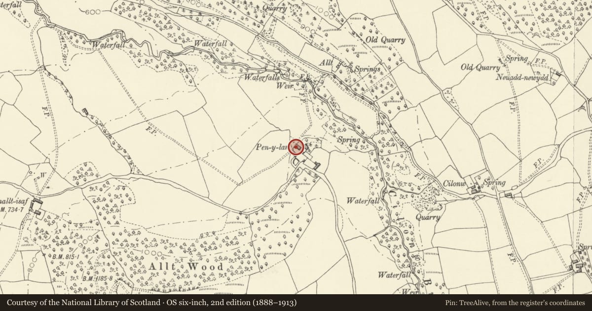 Ordnance Survey six-inch map, 2nd edition (1888–1913) covering the location of Barn at Pen-y-Lan, Llanigon, Powys, with a pin at the register's coordinates