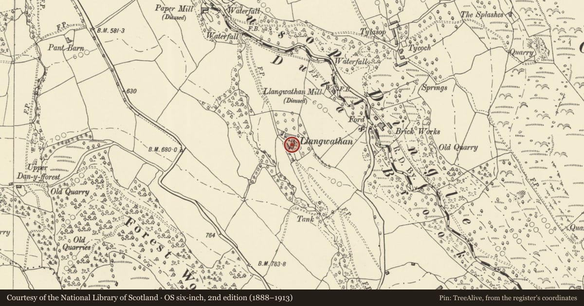 Ordnance Survey six-inch map, 2nd edition (1888–1913) covering the location of Llangwathan Farmhouse, Llanigon, Powys, with a pin at the register's coordinates