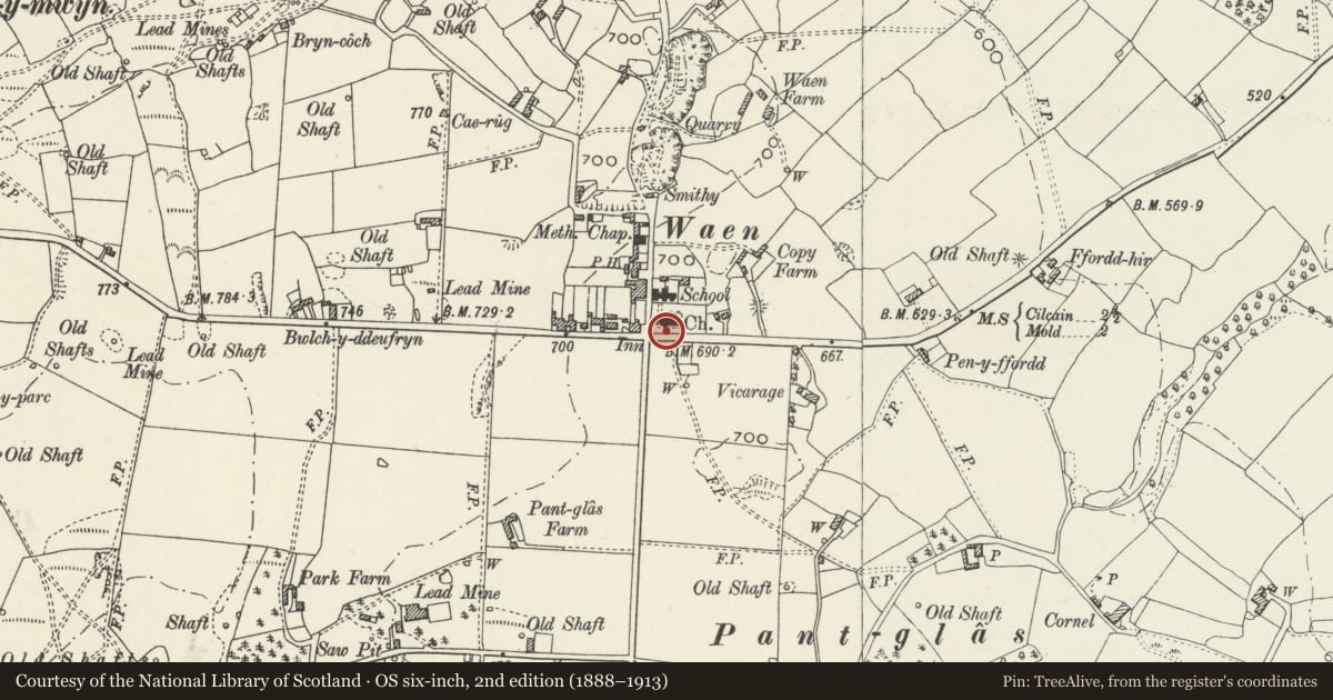 Ordnance Survey six-inch map, 2nd edition (1888–1913) covering the location of Churchyard Gates to Holy Trinity Church, Gwernaffield with Pantmwyn, Flintshire, with a pin at the register's coordinates