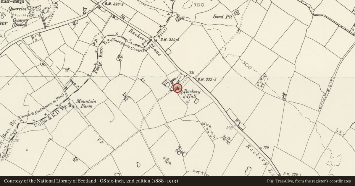 Ordnance Survey six-inch map, 2nd edition (1888–1913) covering the location of Rackery Hall ( including attached forecourt walls), Llay, Wrexham, with a pin at the register's coordinates