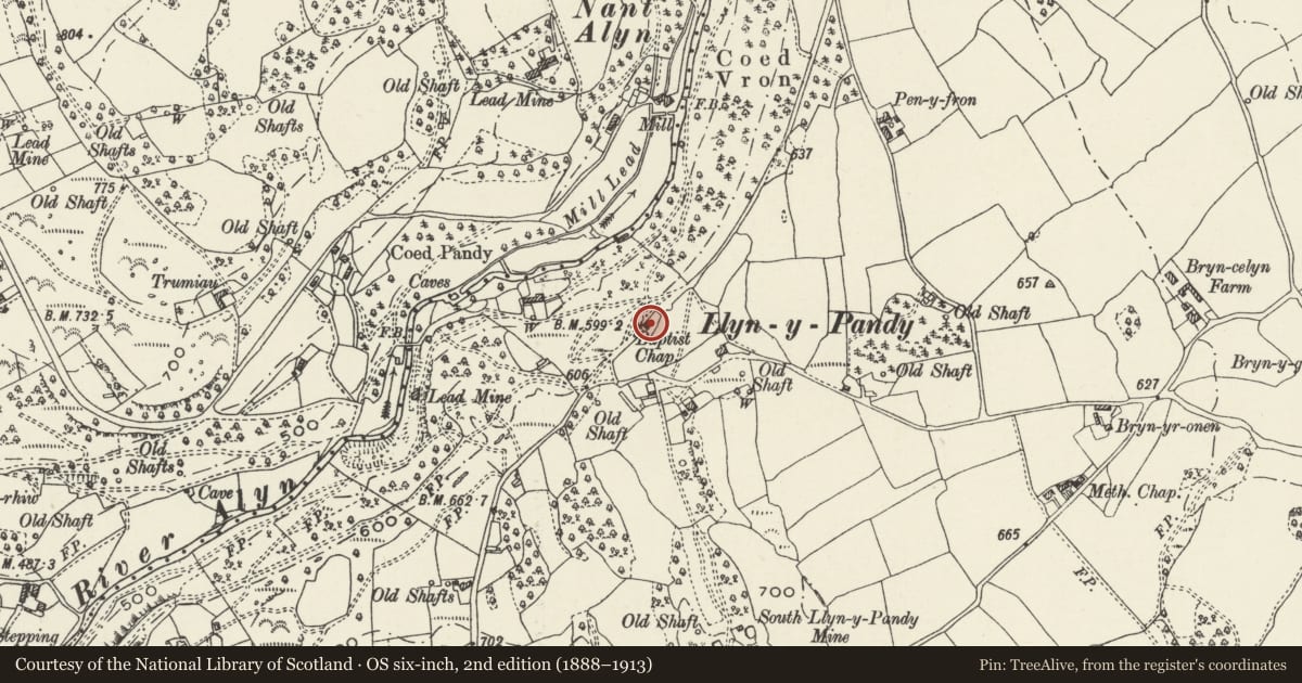 Ordnance Survey six-inch map, 2nd edition (1888–1913) covering the location of Pen-y-Fron Baptist Chapel (including burial ground walls)., Gwernaffield with Pantmwyn, Flintshire, with a pin at the register's coordinates