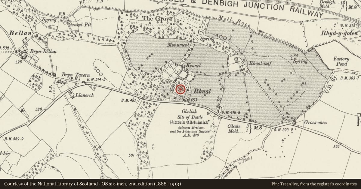 Ordnance Survey six-inch map, 2nd edition (1888–1913) covering the location of Garden walls and pavillions at Rhual (including attached walls and Gatepiers to the drive entrance), Gwernaffield with Pantmwyn, Flintshire, with a pin at the register's coordinates