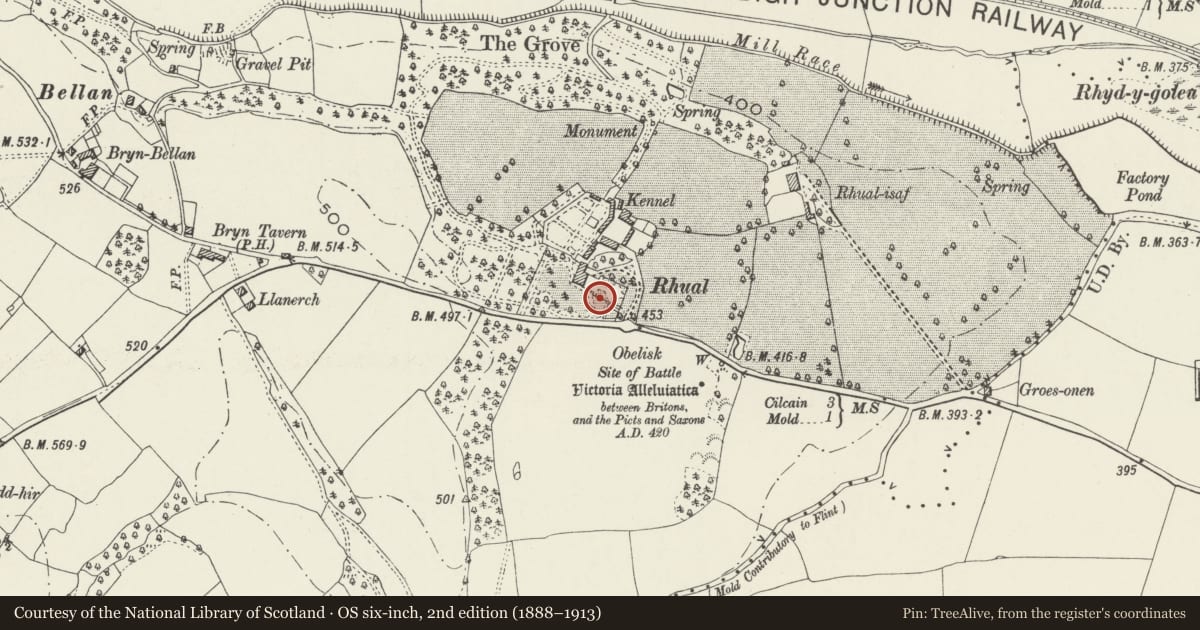 Ordnance Survey six-inch map, 2nd edition (1888–1913) covering the location of Monument at Rhaul, Gwernaffield with Pantmwyn, Flintshire, with a pin at the register's coordinates