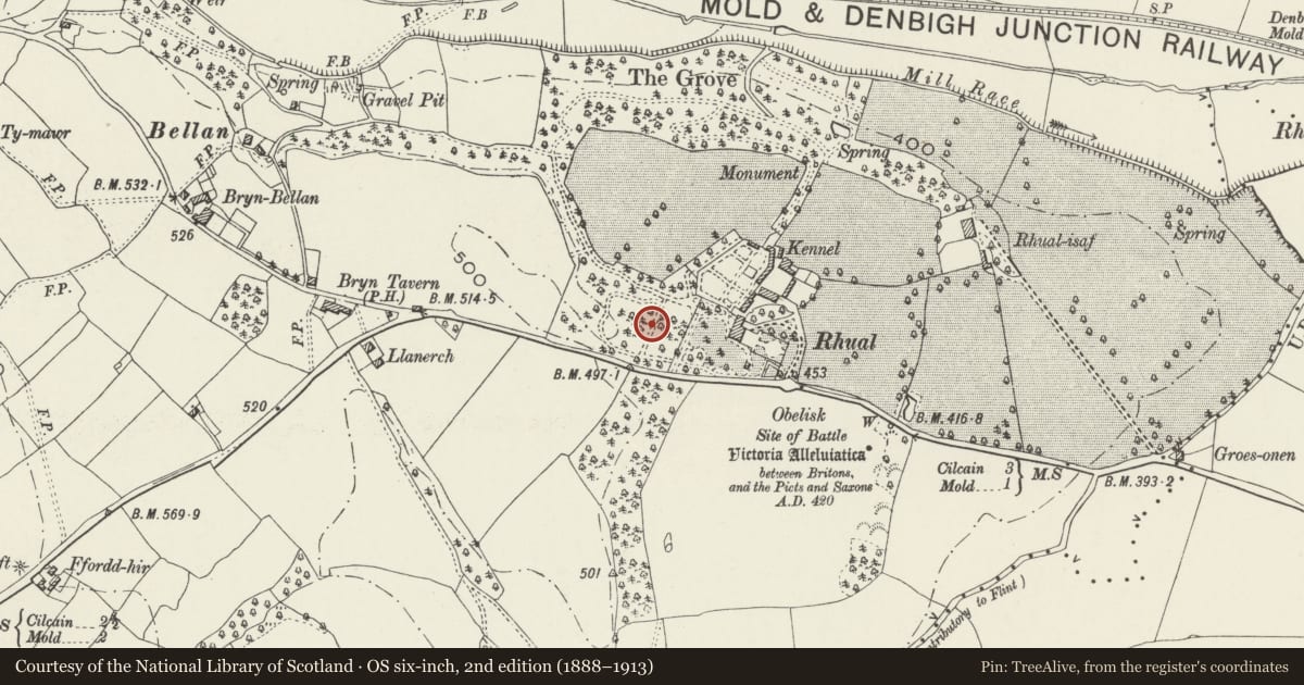Ordnance Survey six-inch map, 2nd edition (1888–1913) covering the location of Ice House at Rhual, Gwernaffield with Pantmwyn, Flintshire, with a pin at the register's coordinates