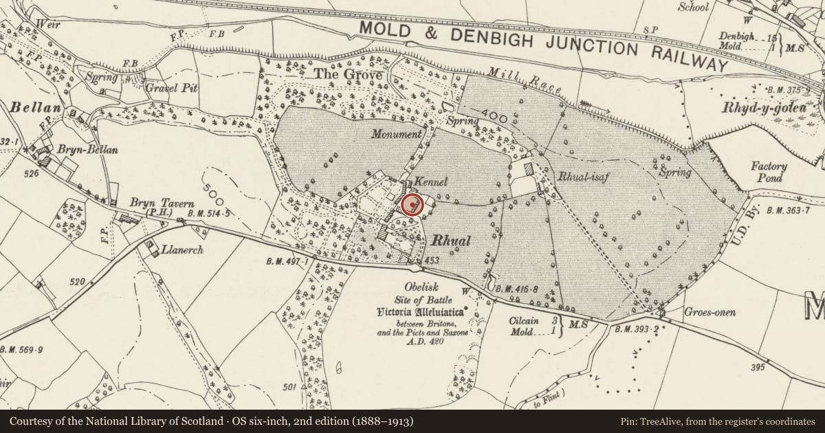 Ordnance Survey six-inch map, 2nd edition (1888–1913) covering the location of Cruck Barn at Rhual, Gwernaffield with Pantmwyn, Flintshire, with a pin at the register's coordinates