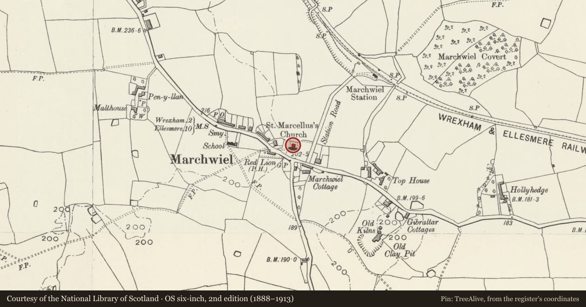 Ordnance Survey six-inch map, 2nd edition (1888–1913) covering the location of Church of SS Marcella and Deiniol, Marchwiel, Wrexham, with a pin at the register's coordinates