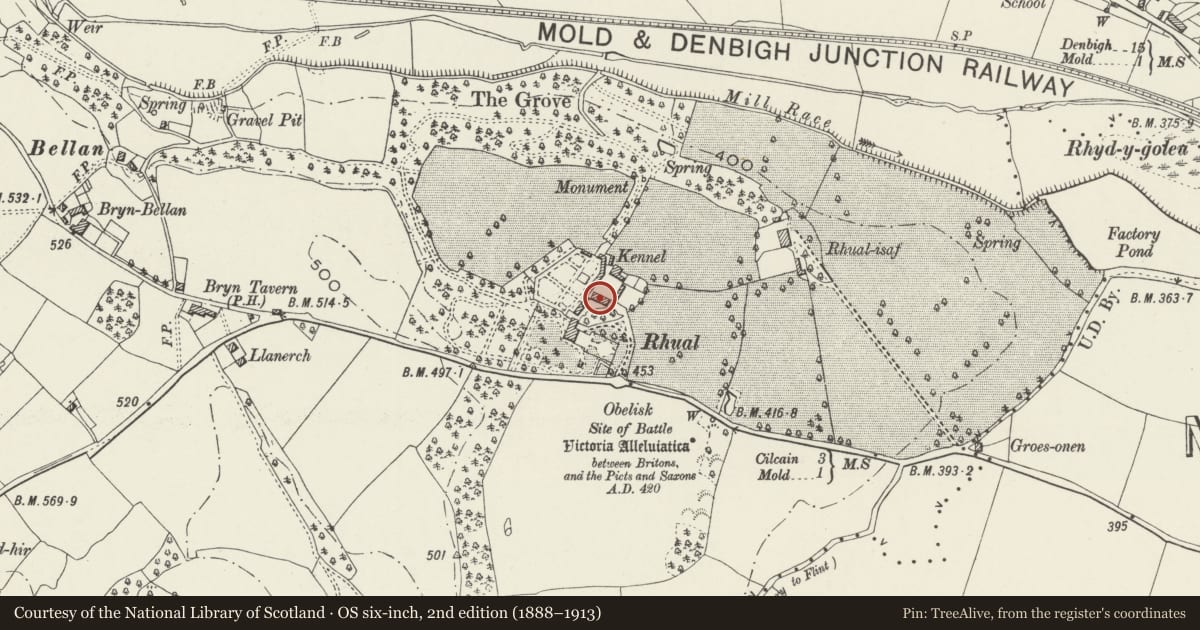 Ordnance Survey six-inch map, 2nd edition (1888–1913) covering the location of Stable Block at Rhual, Gwernaffield with Pantmwyn, Flintshire, with a pin at the register's coordinates