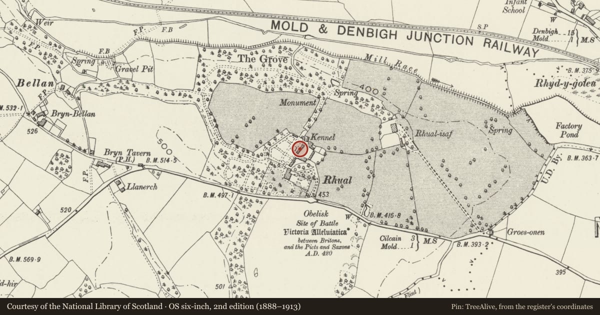 Ordnance Survey six-inch map, 2nd edition (1888–1913) covering the location of Cowshed Range at Rhual, Gwernaffield with Pantmwyn, Flintshire, with a pin at the register's coordinates