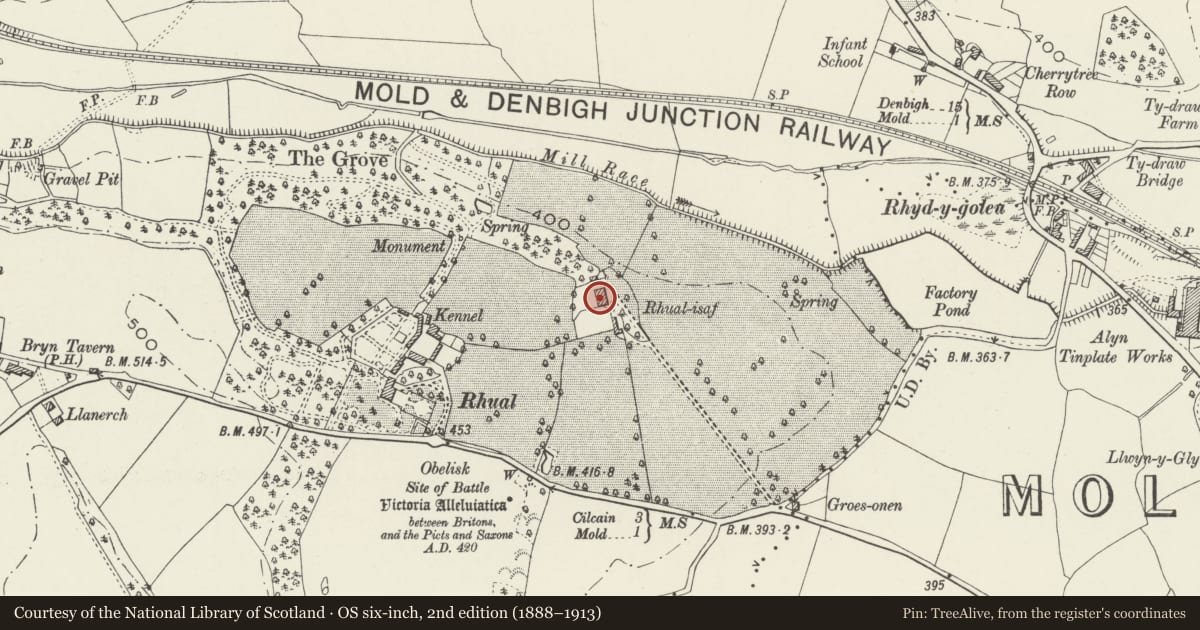 Ordnance Survey six-inch map, 2nd edition (1888–1913) covering the location of Rhual Grange (including walled garden), Gwernaffield with Pantmwyn, Flintshire, with a pin at the register's coordinates