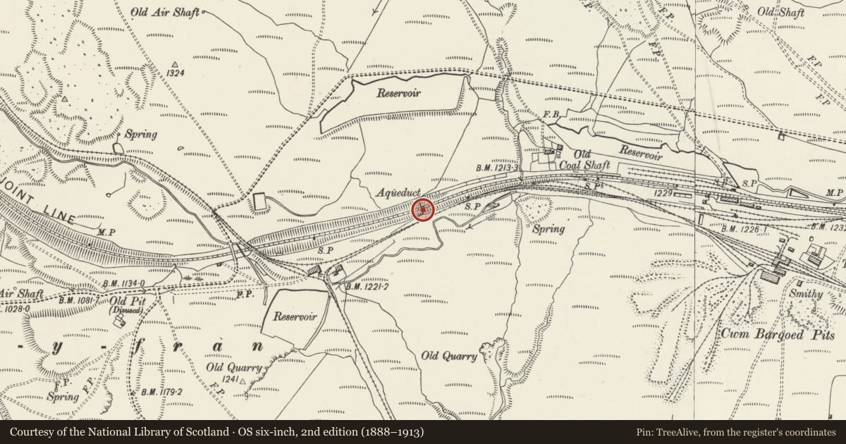 Ordnance Survey six-inch map, 2nd edition (1888–1913) covering the location of Timber Aqueduct over Former Taff Bargoed Railway, Town, Merthyr Tydfil, with a pin at the register's coordinates