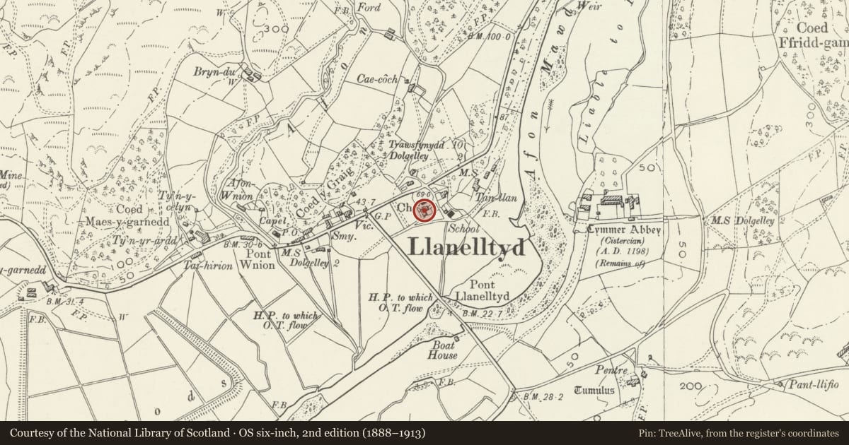 Ordnance Survey six-inch map, 2nd edition (1888–1913) covering the location of Bryn, Llanelltyd, Gwynedd, with a pin at the register's coordinates