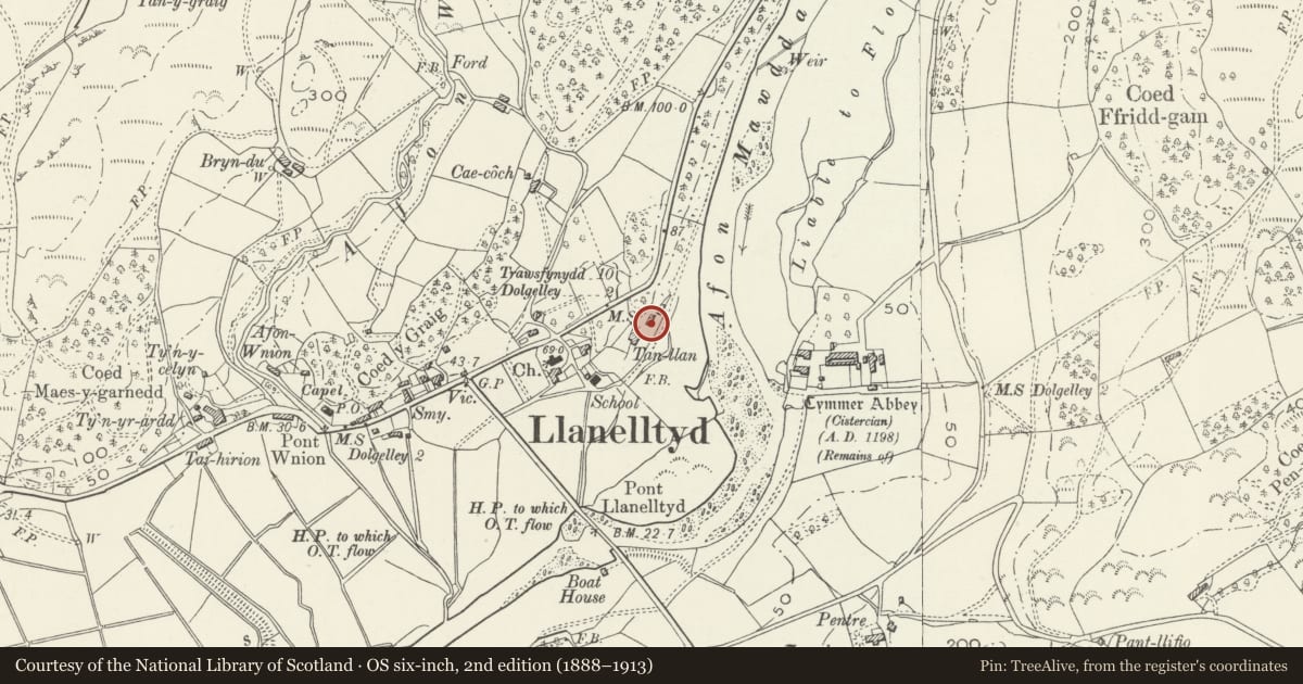 Ordnance Survey six-inch map, 2nd edition (1888–1913) covering the location of Coach House and Stable Block at Tan Llan, Llanelltyd, Gwynedd, with a pin at the register's coordinates