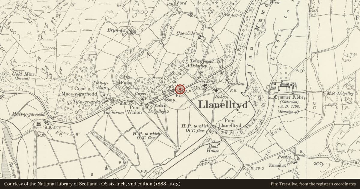 Ordnance Survey six-inch map, 2nd edition (1888–1913) covering the location of The Toll House, Llanelltyd, Gwynedd, with a pin at the register's coordinates