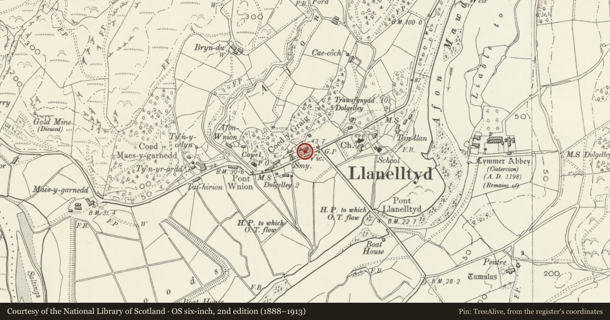 Ordnance Survey six-inch map, 2nd edition (1888–1913) covering the location of Awelon, Llanelltyd, Gwynedd, with a pin at the register's coordinates