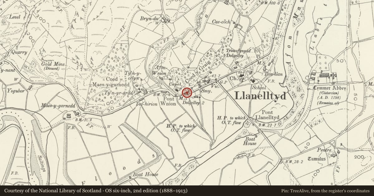 Ordnance Survey six-inch map, 2nd edition (1888–1913) covering the location of The Old Post Office, Llanelltyd, Gwynedd, with a pin at the register's coordinates