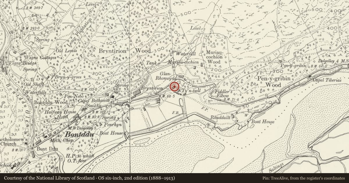 Ordnance Survey six-inch map, 2nd edition (1888–1913) covering the location of Tyn Twll, Llanelltyd, Gwynedd, with a pin at the register's coordinates