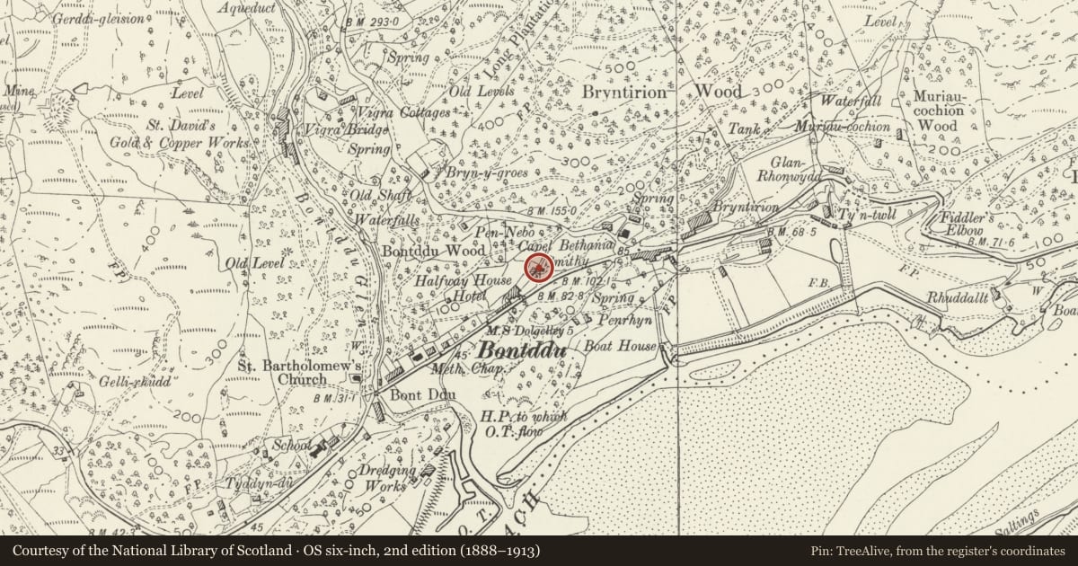 Ordnance Survey six-inch map, 2nd edition (1888–1913) covering the location of Y Refael, Llanelltyd, Gwynedd, with a pin at the register's coordinates