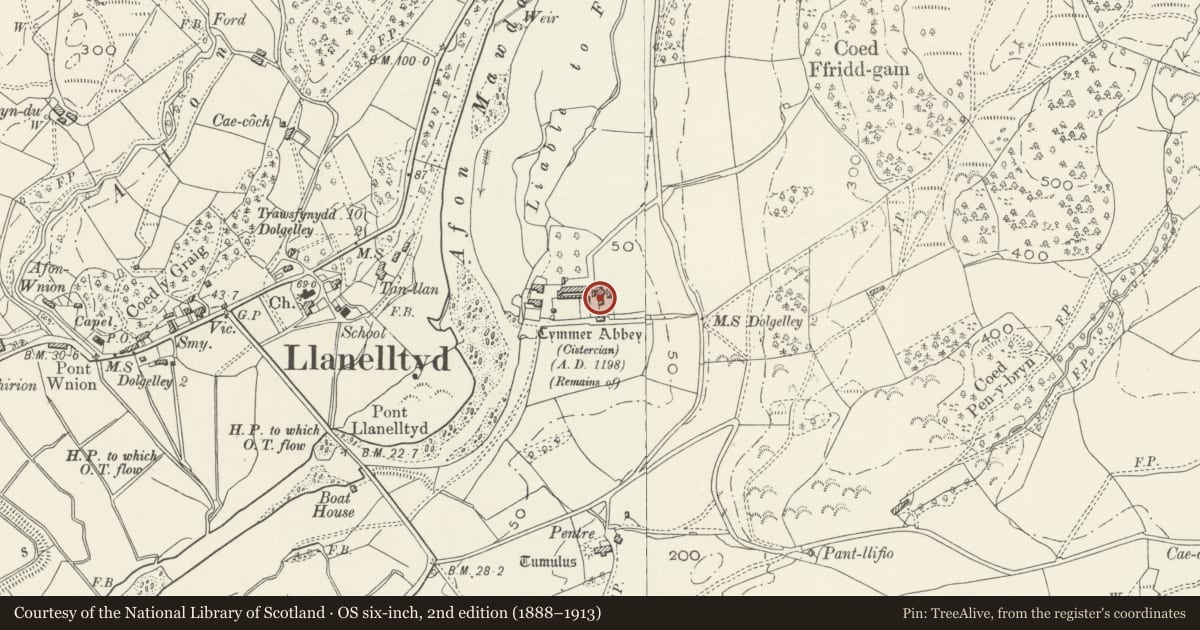 Ordnance Survey six-inch map, 2nd edition (1888–1913) covering the location of Barn at Cymer Abbey, Llanelltyd, Gwynedd, with a pin at the register's coordinates
