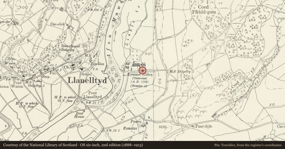 Ordnance Survey six-inch map, 2nd edition (1888–1913) covering the location of Byre at Cymer Abbey, Llanelltyd, Gwynedd, with a pin at the register's coordinates