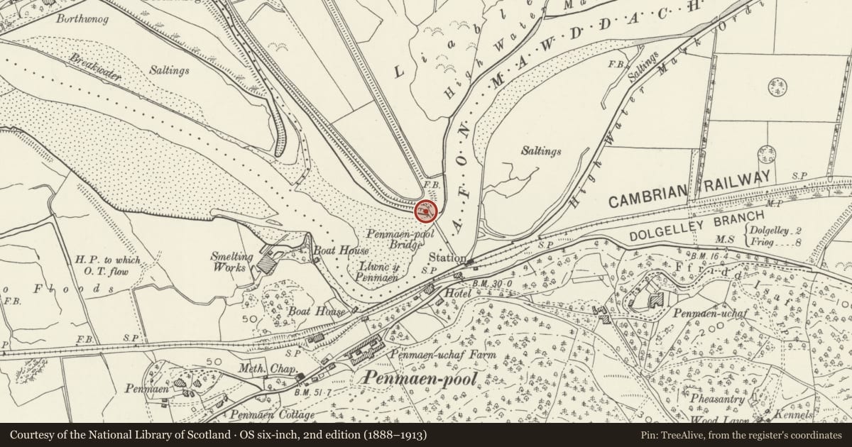 Ordnance Survey six-inch map, 2nd edition (1888–1913) covering the location of Toll Booth at Penmaenpool Bridge (partly in Dolgellau Community), Llanelltyd, Gwynedd, with a pin at the register's coordinates