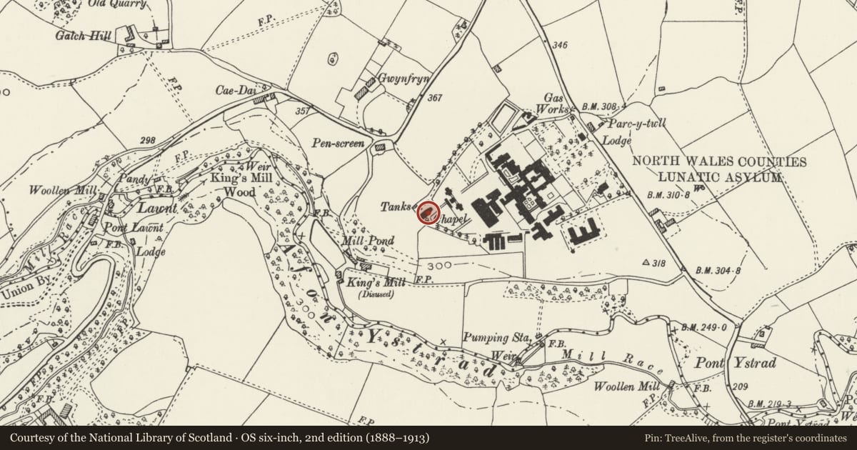Ordnance Survey six-inch map, 2nd edition (1888–1913) covering the location of Chapel at the North Wales Hospital, Denbigh, Denbighshire, with a pin at the register's coordinates